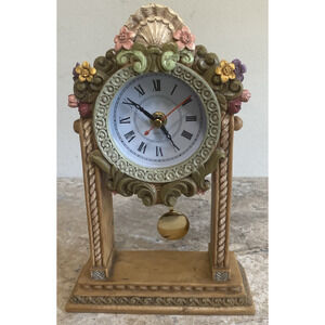 Vintage Floral Ceramic Pendulum Desk Clock Quartz 9.5" Tall Colorful – Works